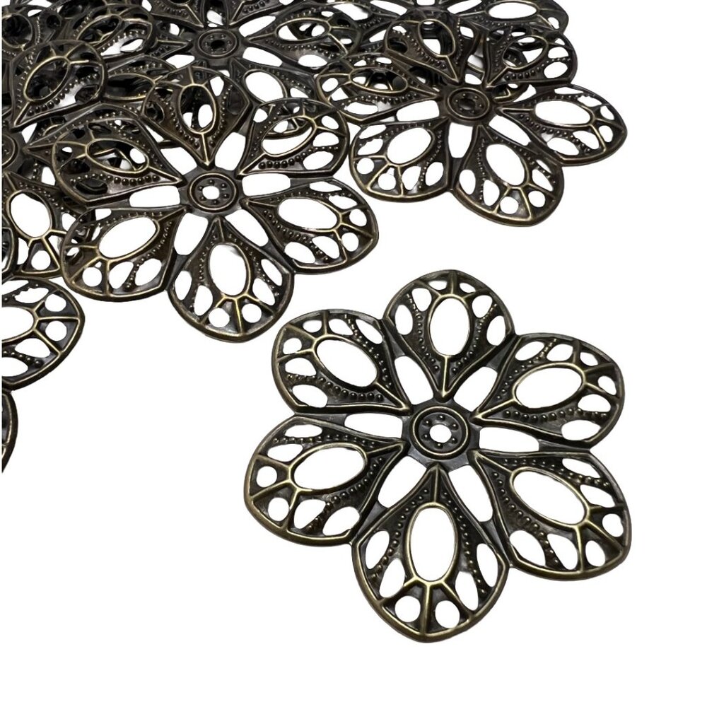 10 Large Filigree Openwork Flower Pendant Finding Stamping Antique Brass Tone